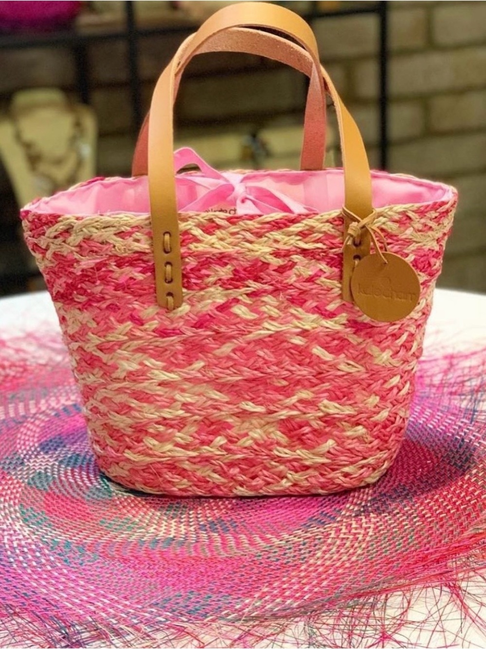 Straw Tote-Bucket, Multi Weave Pattern. Tan Leather Handles. Handmade w/Love. 🌿💖